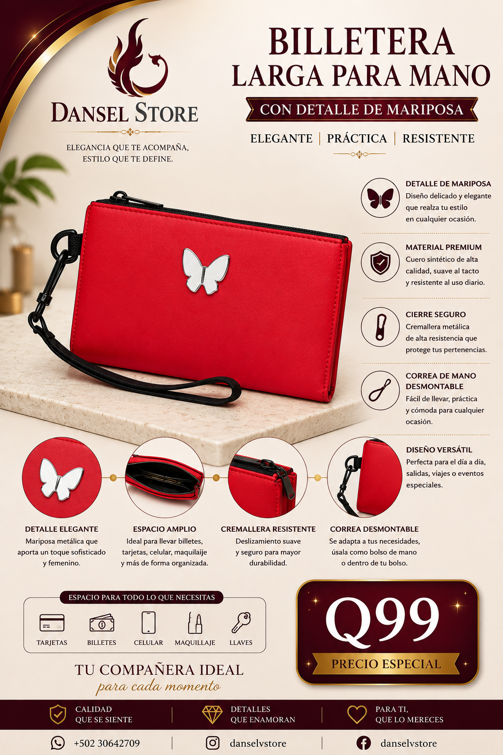 Cartera de mano roja con detalle de mariposa.