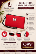 Cartera de mano roja con detalle de mariposa.