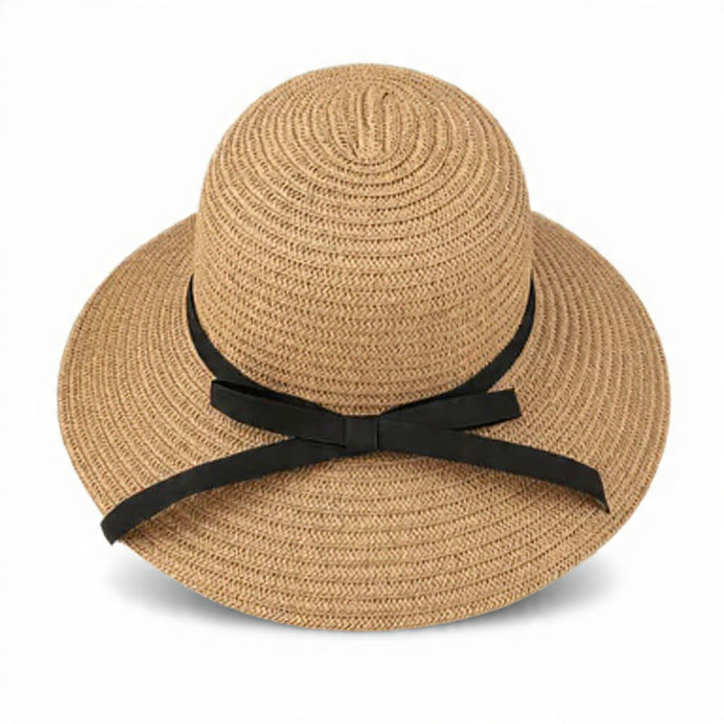 Sombrero de playa de paja con lazo negro, ala ancha