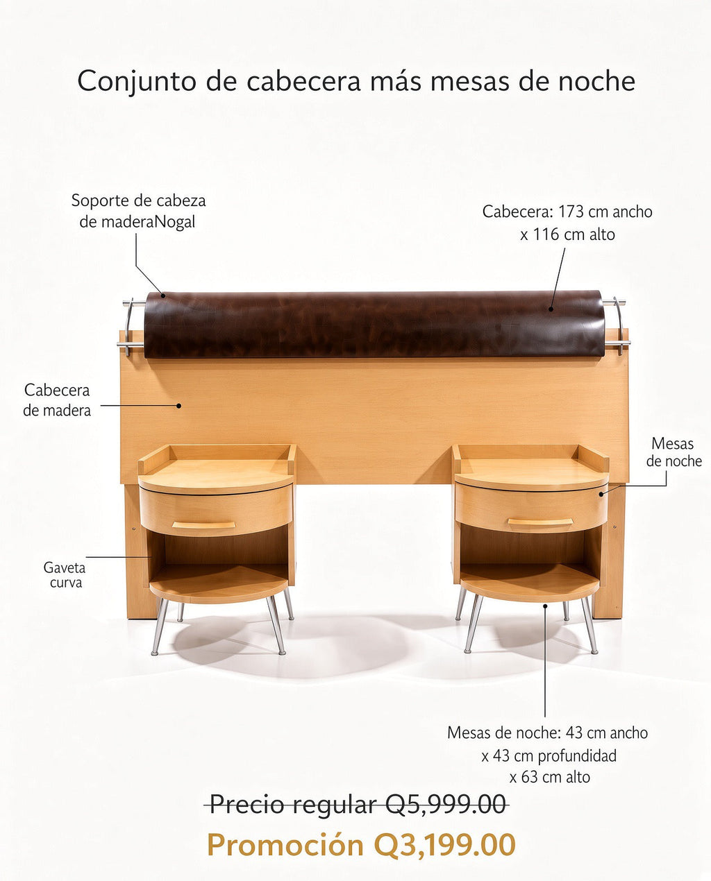 Conjunto Cabecera y 2 Mesas de Noche – Madera Palo Blanco y Cuero Noble