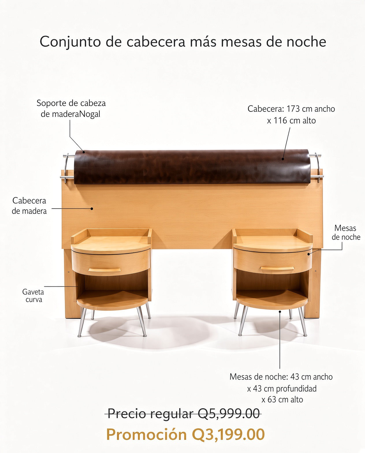 Conjunto Cabecera y 2 Mesas de Noche – Madera Palo Blanco y Cuero Noble