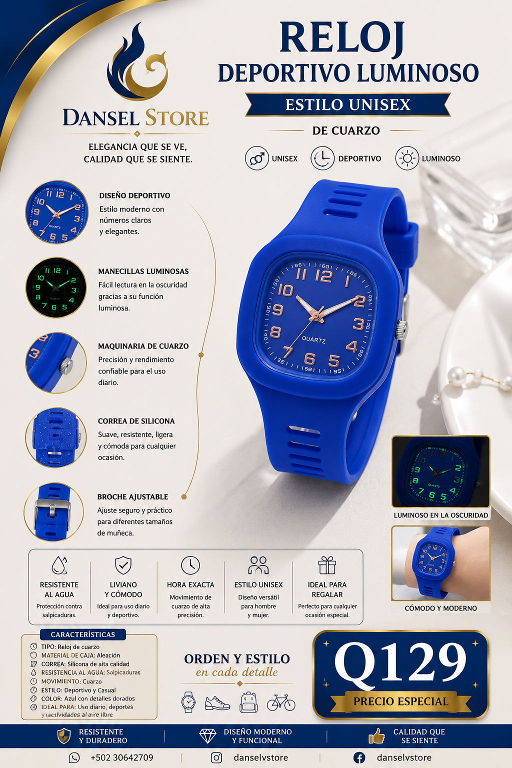 Reloj de caucho color azul estilo elegante