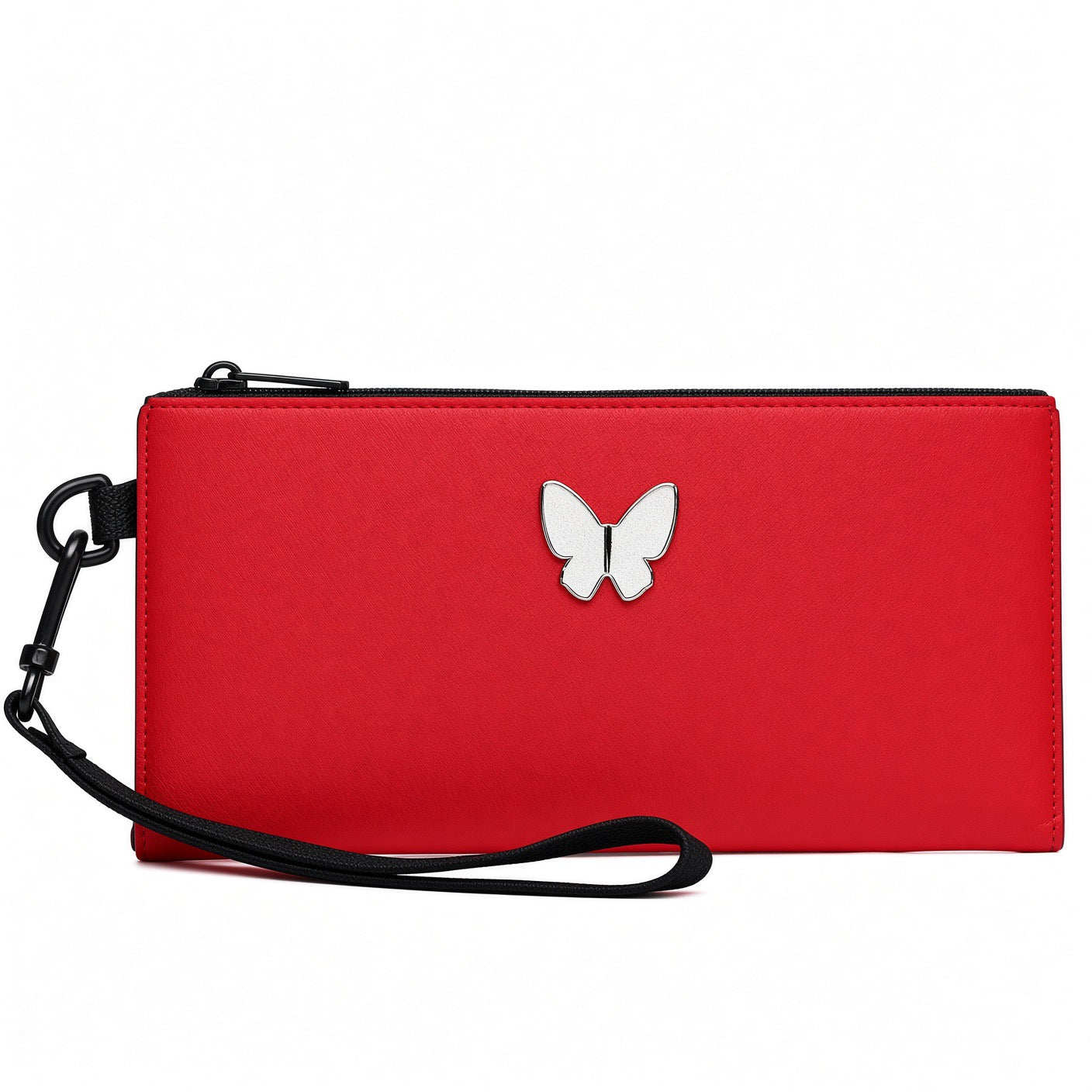 Cartera de mano roja con detalle de mariposa.