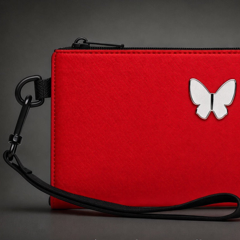 Cartera de mano roja con detalle de mariposa.