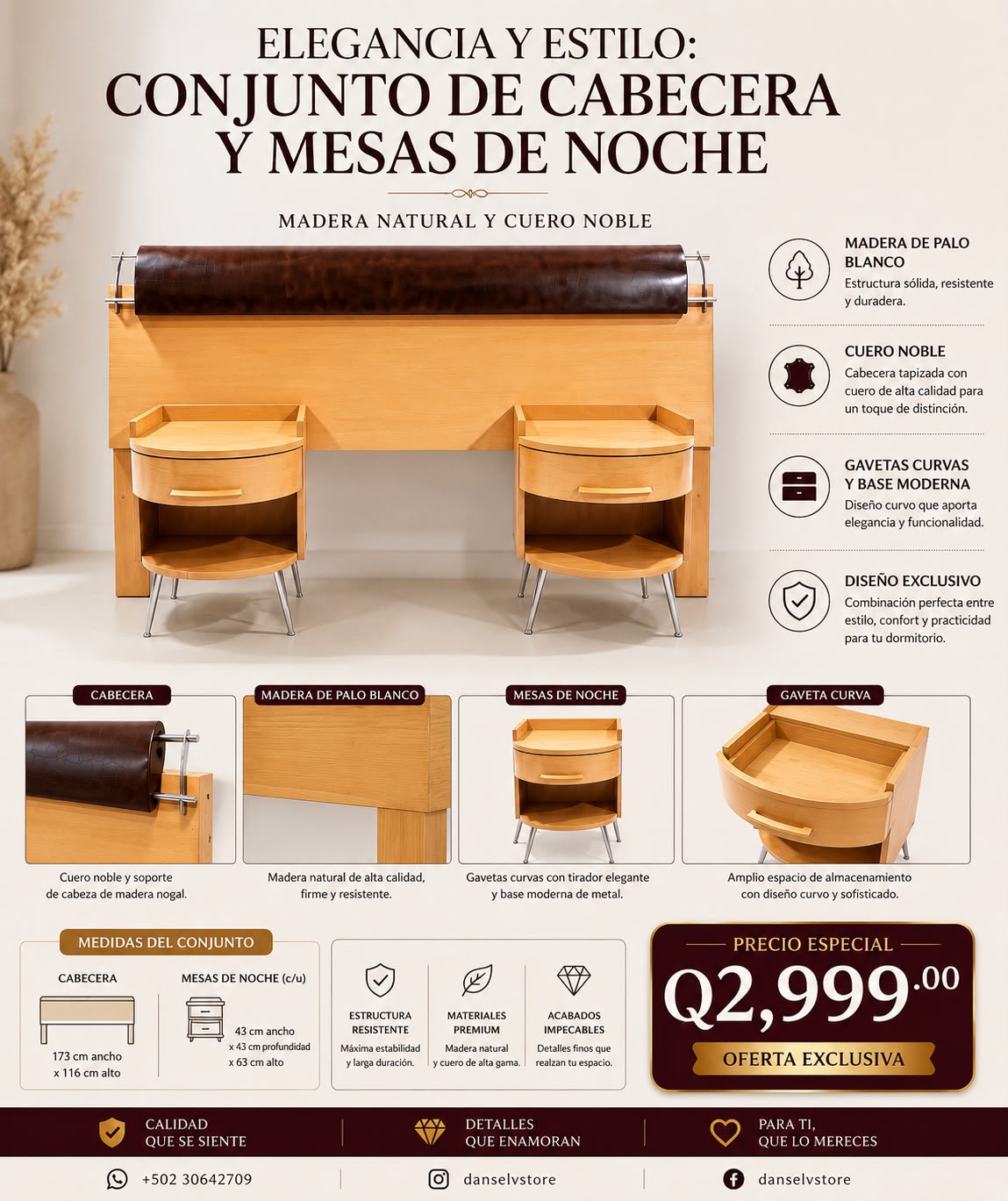 Conjunto Cabecera y 2 Mesas de Noche – Madera Palo Blanco y Cuero Noble