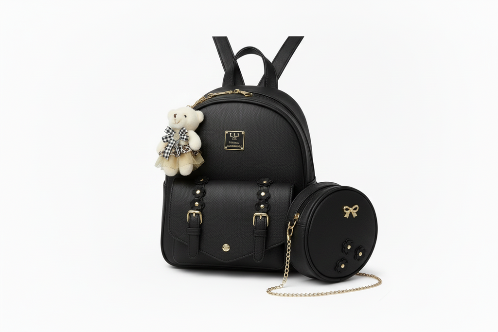 Set de Mochila Juvenil + mini circle bag y tarjetero color blanco negro
