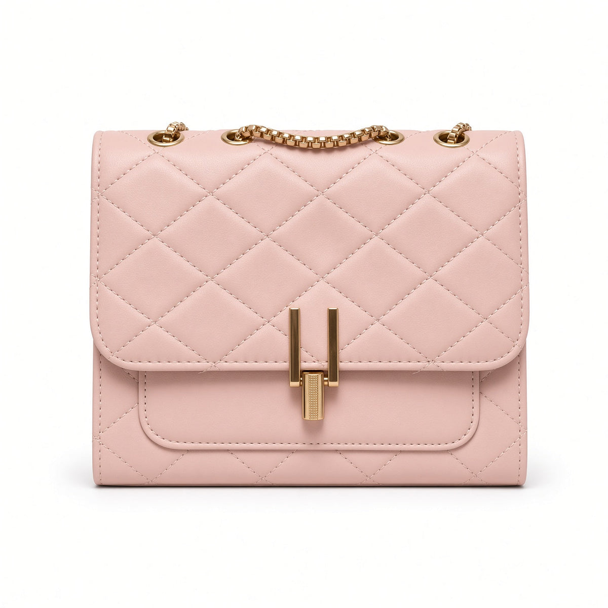 Bolso crossbody acolchado negro con cadena dorada - vista frontal