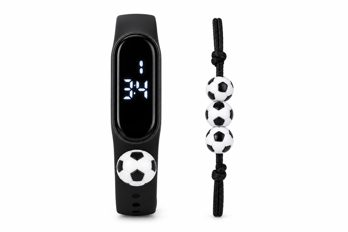 Pack Pareja Futbolera 4 en 1 - 2 Relojes LED y 2 Pulseras Balón - Dama y Caballero