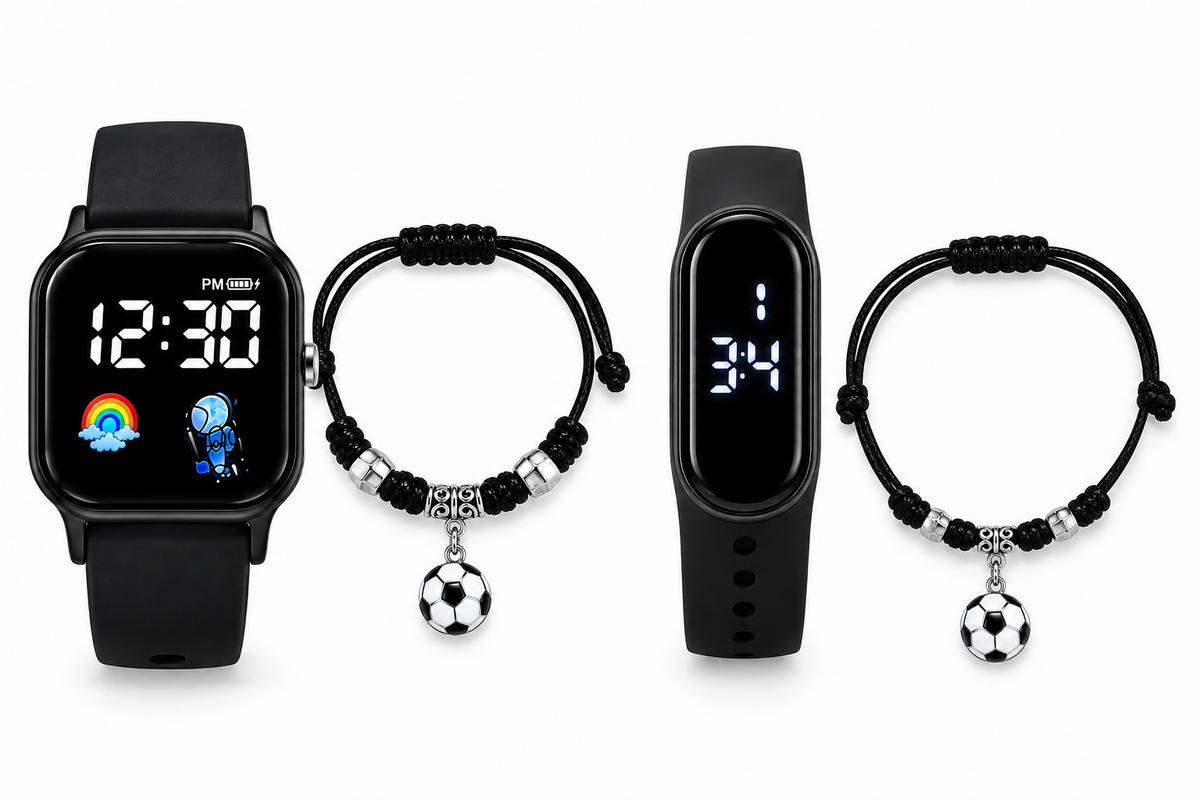 Pack Pareja Futbolera 4 en 1 - 2 Relojes LED y 2 Pulseras Balón - Dama y Caballero