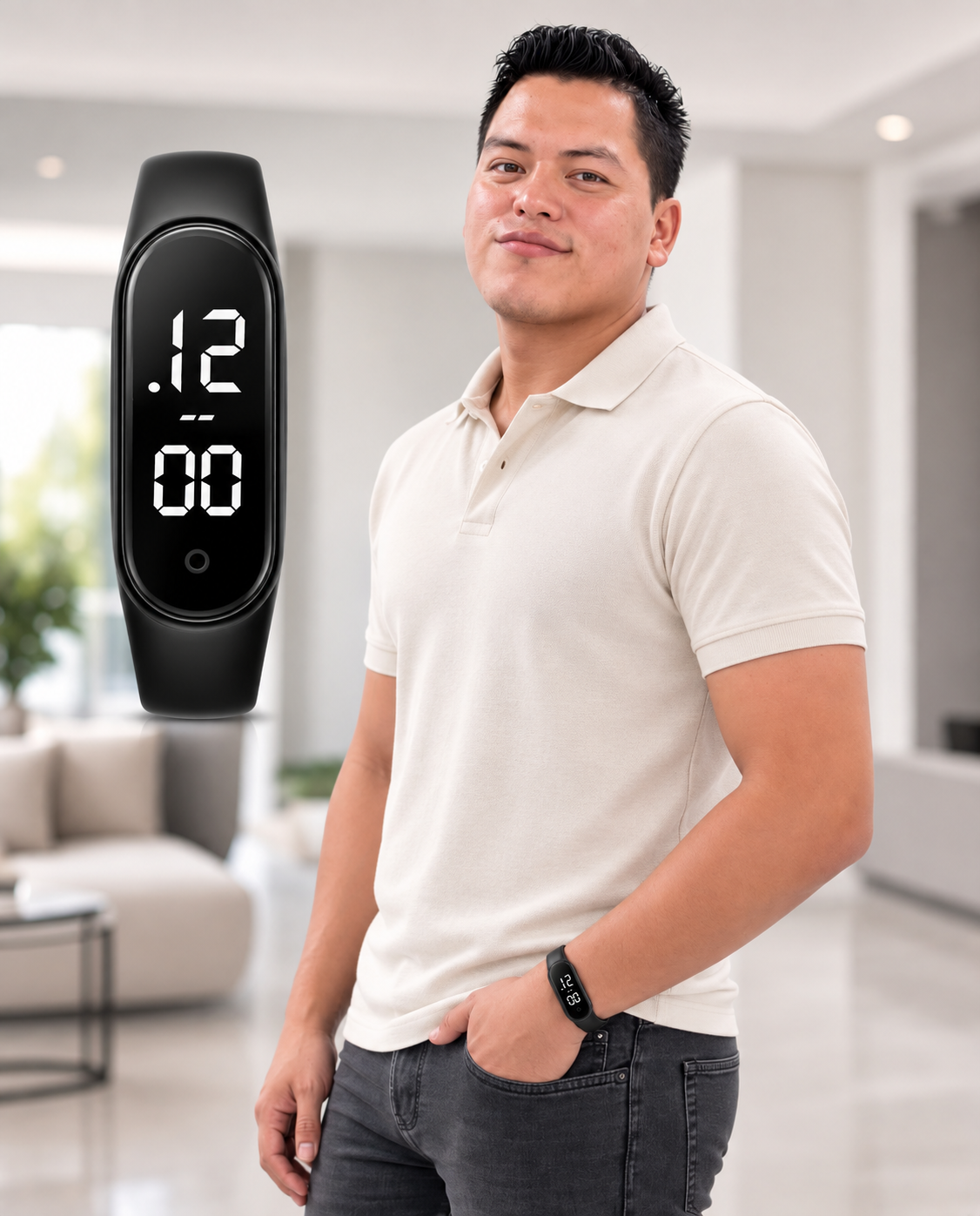 Hombre usando reloj deportivo LED unisex color negro